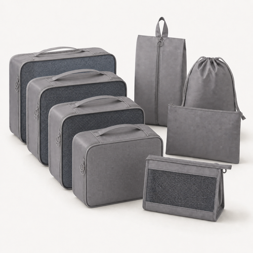 Grey Luna & Lane eight-piece packing cube and travel organizer set on a clean white background