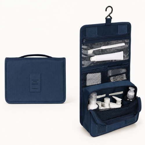 Navy Luna & Lane hanging toiletry organizer shown open with clear and mesh travel compartments